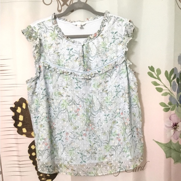 LC Lauren Conrad Tops - Lauren Conrad Light Blue Floral Print Flutter Sleeve Blouse~Size XXL